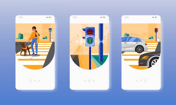 Crosswalk. Blind woman with cane and guide dog. Mobile app screens, vector website banner template. UI, web site design. Blind woman with guide dog and cane crossing the street on pedestrian crosswalk. Mobile app screens. Vector banner template for website and mobile development. Web site and UI design illustration. visual impairment phone stock illustrations