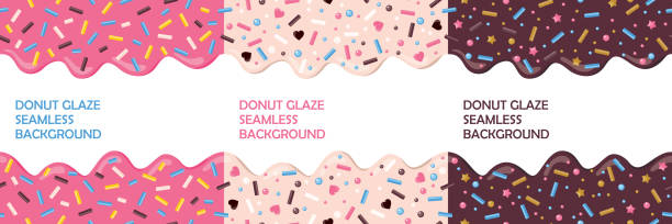 DONUT GLAZE SET BG Donut icing with sprinkles set of seamless backgrounds. Vector, pink, chocolate, beige colors. donuts stock illustrations