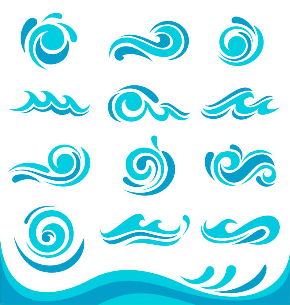 ilustraciones, imágenes clip art, dibujos animados e iconos de stock de conjunto de olas azules - diseño ondulado