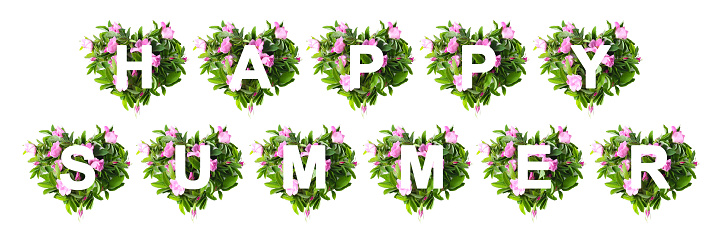 HAPPY SUMMER text. the pattern of hearts made of flowers. creative concept, long banner.