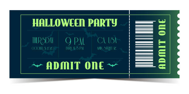 ilustrações, clipart, desenhos animados e ícones de bilhete vetorial de entrada de festa de halloween brilhante em fundo verde escuro com morcegos - admit one