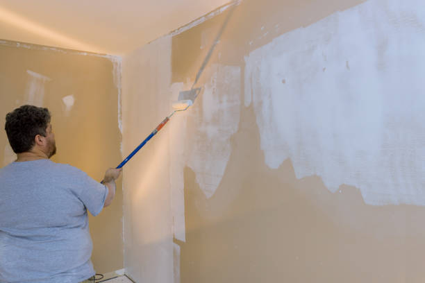 adescamento del lavoratore con un rullo di vernice con riparazione della parete dopo l'applicazione di intonaco per lavori interni - priming paint foto e immagini stock