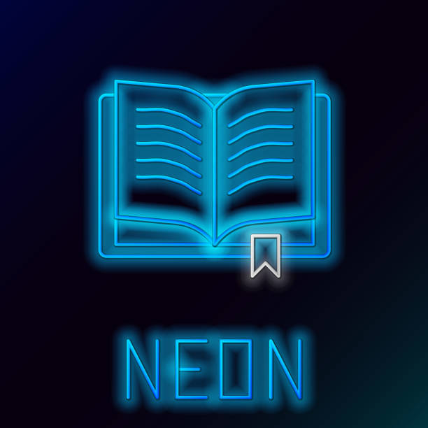 istock Glowing neon line Ancient magic book with alchemy recipes and mystic spells and enchantments icon isolated on black background. Colorful outline concept. Vector 1307954978