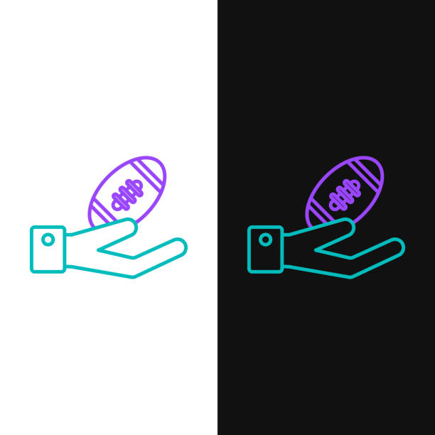 зеленая и фиолетовая линия американского футбольного мяча на ручной иконе изолирована на белом и черном фоне. значок мяча для регби. символ - football outline lace vector stock illustrations