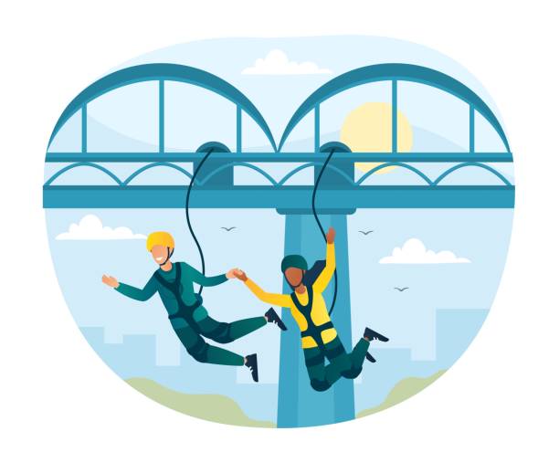 Happy characters is bungee jumping from a bridge Happy characters is bungee jumping from a bridge. Young fearless couple is enjoing jumping. Flat cartoon vector illustration concept design. bungee jumping stock illustrations
