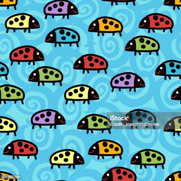 Ladybug Repeat Pattern Cute Multicolor Smiling Ladybug Repeat Pattern On A Swirly Blue ...