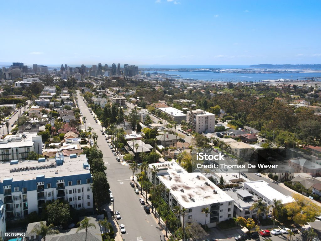 Aerial view above Hillcrest neighborhood in San Diego Aerial view above Hillcrest neighborhood in San Diego, California. USA San Diego Stock Photo