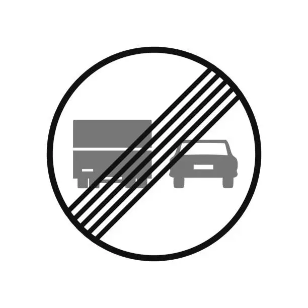 Vector illustration of Rounded traffic signal in black and white, isolated on white background. End of overtaking prohibition for trucks