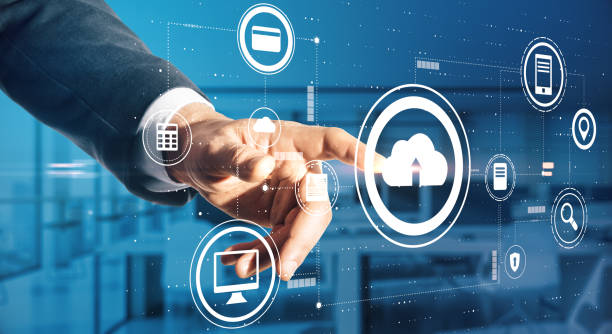 istock Data transfer technology concept with businessman finger touching digital screen with internet service icons 1307962620