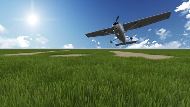 ilustración 3d - cinemagraph - campo verde con avión en segundo plano - fondo de pantalla hd de primavera fotografías e imágenes de stock