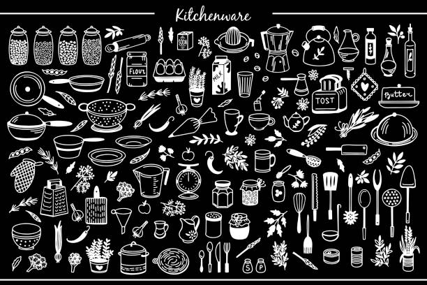ilustrações de stock, clip art, desenhos animados e ícones de kitchenware vector set. cookware chalkboard. - toast coffee