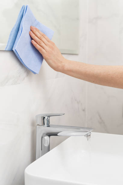 istock Woman with rag cleaning bathroom at home 1307965463