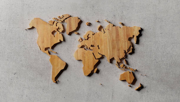 istock Wooden world map on concrete wall. 3D render. 1307967567
