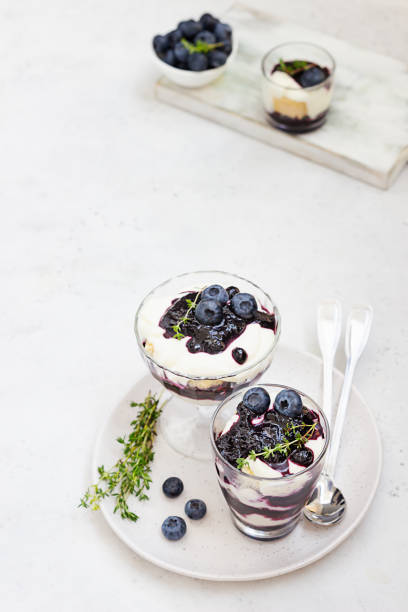 Tiramisu. Homemade dessert in glasses with blueberries, cream and ladyfingers garnish with blueberries and thyme. Light stone background. Tiramisu. Homemade dessert in glasses with blueberries, cream and ladyfingers garnish with blueberries and thyme. Light grey stone background. yogurt fruit biscotti berry fruit stock pictures, royalty-free photos & images