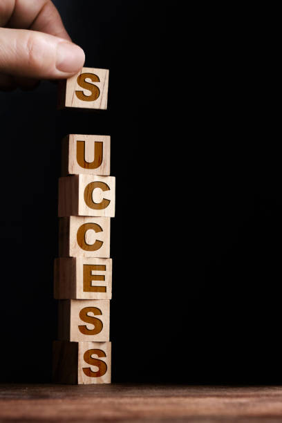 istock Success written on wooden toy blocks, black background 1307967754