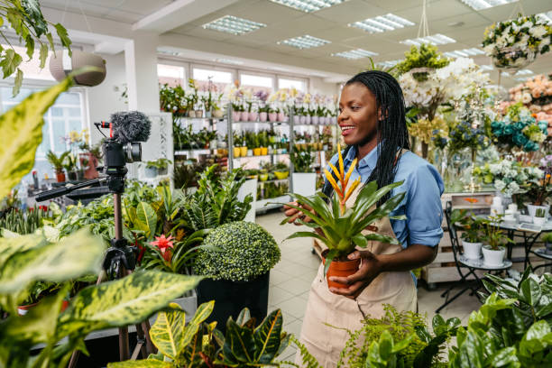 Female florist worker vlog recording