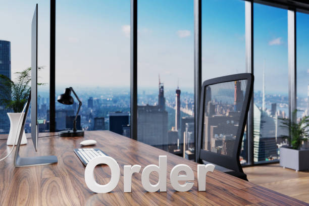 istock order; office chair in front of modern workspace with computer and skyline view; online banking concept; 3D Illustration 1307972702