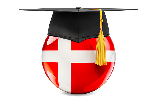 Education in Denmark concept. Danish flag with graduation cap, 3D rendering isolated on white background
