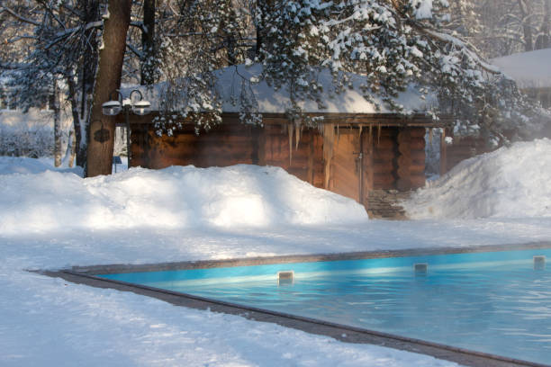 piscine chaude avec l’eau bleue et le bain russe en bois dans le temps ensoleillé d’hiver - winter palace photos et images de collection