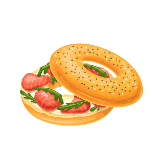 ilustraciones, imágenes clip art, dibujos animados e iconos de stock de bagel con queso crema y salmón ahumado - smoked salmon illustrations