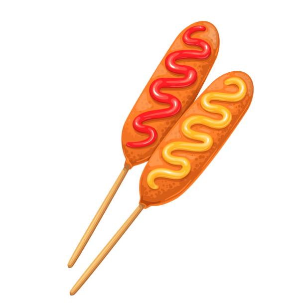 Corn dog vector icon Corn dog vector icon. Sausage in dough on a stick with ketchup and mustard. breaded stock illustrations