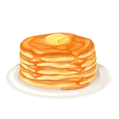 Pancakes with maple syrup vector illustration. Baking crepes with butter on plate. Breakfast concept.