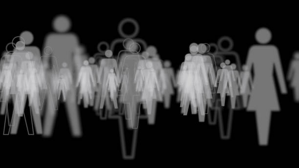 Stylized outlines and silhouettes of men and women moving past the camera with a shallow focus.