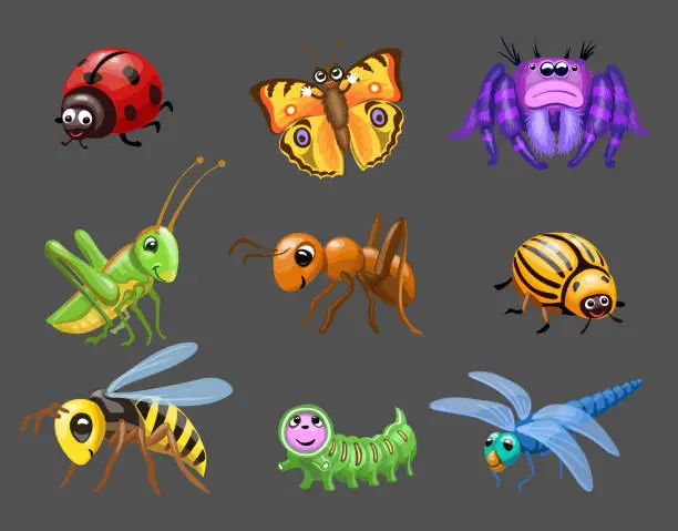 Vector illustration of Cartoon funny bugs. caterpillar and butterfly,