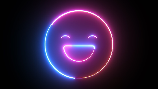 Neon happy emoji symbol, computer generated. 3d rendering of emotion background