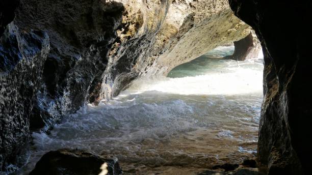 istock Waves rolling into a small enclosure through a rocky cave 1307987354