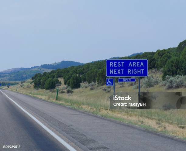 Roadside Sign With Directions To A Rest Area Along The Road In Utah Stock Photo - Download Image Now