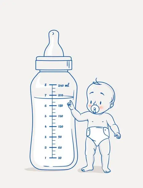 Vector illustration of Cute baby boy standing on floor and pointing at huge bottle of milk.