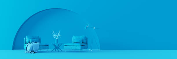 Creative interior design in blue studio with armchair. Minimal living room concept 3d render 3d illustration