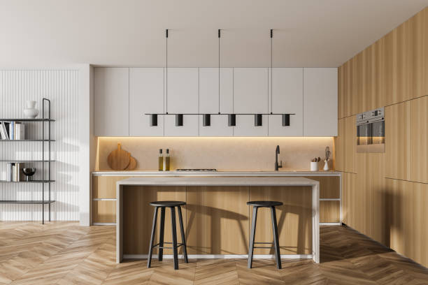 istock Wooden kitchen room with dining table and chairs, marble floor 1307994984