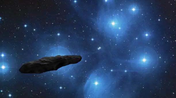 Interstellar asteroid Oumuamua arriving from Pleiades star cluster.
Oumuamua 3D model: Credit: ESO/M. Kornmesse
Pleiades photo Credit: NASA/ESA/AURA/Caltech