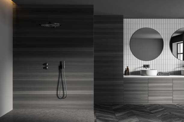 istock Grey bathroom with shower and sink with mirror, parquet floor 1307998278