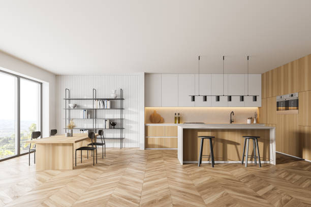 istock Wooden kitchen room with dining table and chairs, parquet floor 1307998607