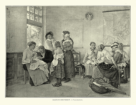 Vintage illustration of Mothers waiting to have their children vaccinated, Doctor injecting a vaccine, 1880s, 19th Century.  Vaccination, after the painting by Pascal Dagnan-Bouveret
