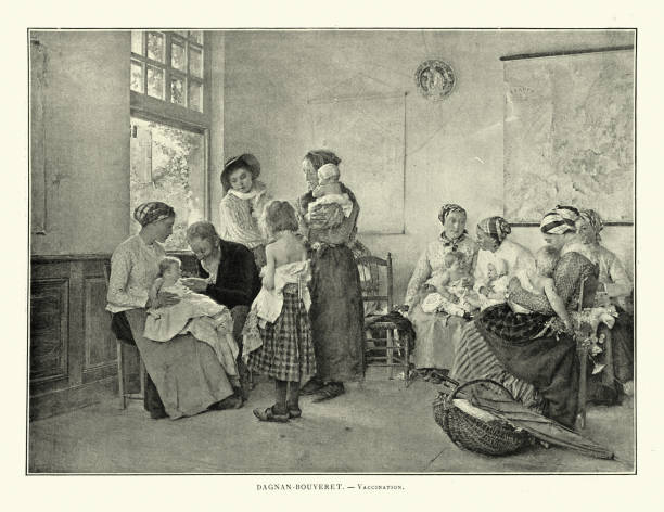 Mother waiting to have their children vaccinated, Doctor injecting a vaccine, Victorian 19th Century Vintage illustration of Mothers waiting to have their children vaccinated, Doctor injecting a vaccine, 1880s, 19th Century.  Vaccination, after the painting by Pascal Dagnan-Bouveret cold and flu family stock illustrations