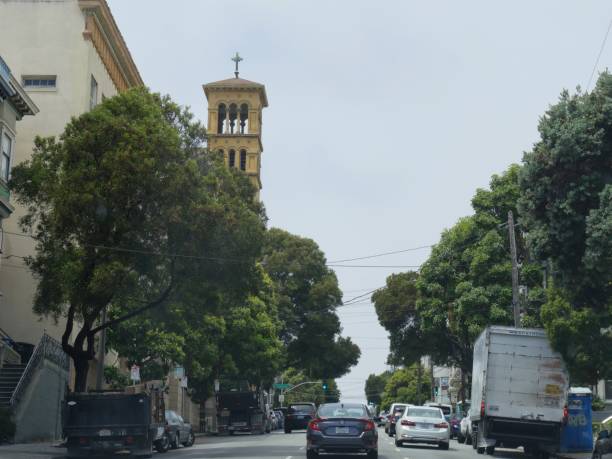 San Francisco, California- July 2018: Street scene in San Francisco on a cloudless morning.