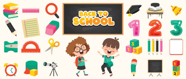 아동 교육을 위한 학교 용품 - classroom bell child elementary school stock illustrations