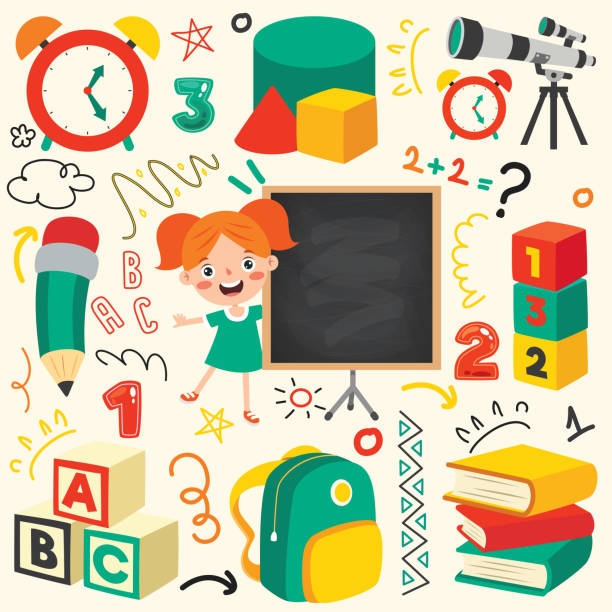 아동 교육을 위한 학교 용품 - classroom bell child elementary school stock illustrations
