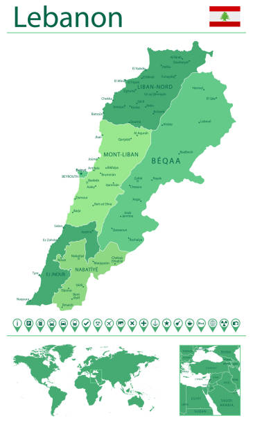Lebanon detailed map and flag. Lebanon on world map. Detailed map of Lebanon with country flag and location on world map. Vector illustration beirut illustrations stock illustrations