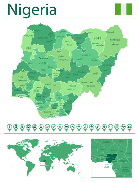 Nigeria detailed map and flag. Nigeria on world map. Detailed map of Nigeria with country flag and location on world map. Vector illustration abuja stock illustrations