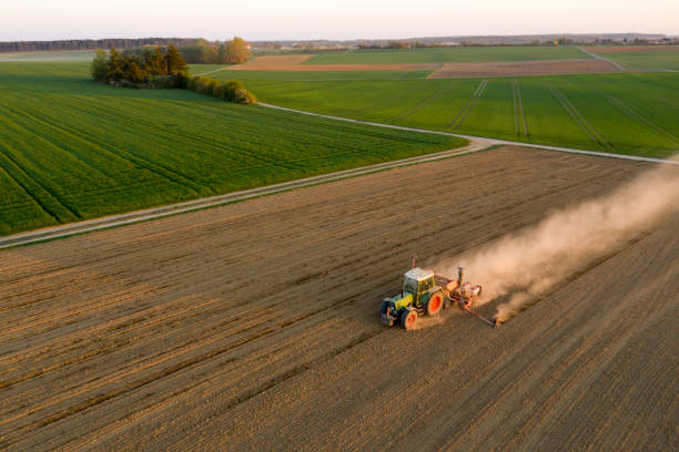 istock Tractor sowing field, aerial view 1308012247
