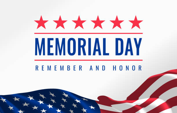 illustrazioni stock, clip art, cartoni animati e icone di tendenza di memorial day - ricorda e onora poster. celebrazione del memorial day negli stati uniti. festa nazionale americana. modello di invito con testo rosso e bandiera sventolandoci su sfondo bianco - american culture us memorial day blue red