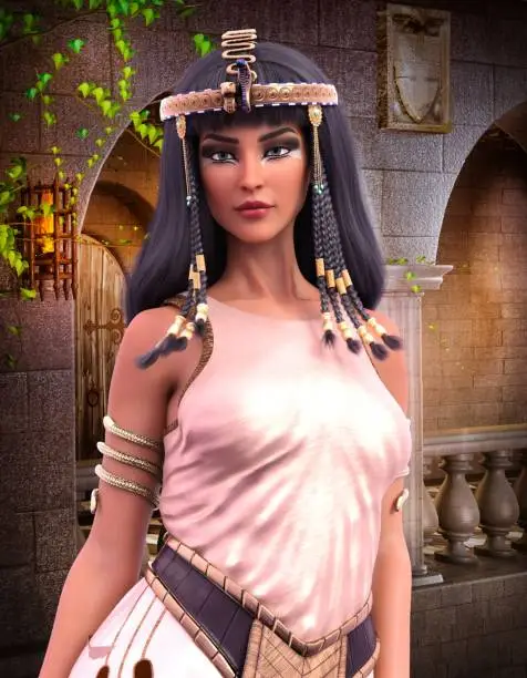 3D rendering Cleopatra posing in font of a castell