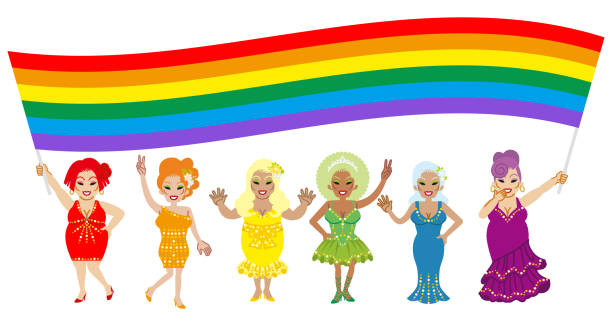 Sechs Drag Queens Mit Einer Breiten Regenbogenflagge Und Ansprechenden Lgbt  Right Stock Vektor Art und mehr Bilder von Dragqueen - iStock