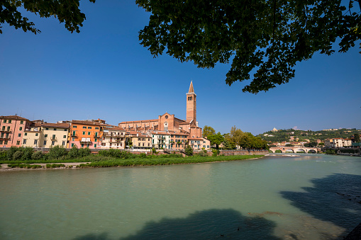 Campanile di Santa Anastasia with Adige River view in Verona, Italy