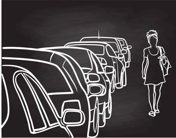 ilustrações de stock, clip art, desenhos animados e ícones de row of cars street parking chalkboard - woman in mirror backview